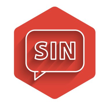 Beyaz çizgi insan beyni ikonu uzun gölgeli izole edilmiş. Kırmızı altıgen düğmesi. Vektör İllüstrasyonu