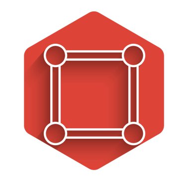 Grafik, çizelge, grafik, grafik, diyagram, bilgi grafiği, uzun gölgeli turta grafik simgesi içeren beyaz çizgi sunum tahtası. Kırmızı altıgen düğmesi. Vektör İllüstrasyonu