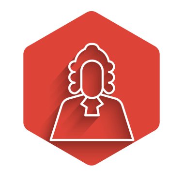 Beyaz çizgi Yargıç ikonu uzun gölgelerle izole edilmiş. Kırmızı altıgen düğmesi. Vektör İllüstrasyonu