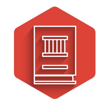 Beyaz çizgi hukuk kitabı ikonu uzun gölgeli izole edilmiş. Yasal yargıç kitabı. Yargılama kavramı. Kırmızı altıgen düğmesi. Vektör İllüstrasyonu