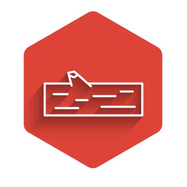 Beyaz çizgi tahta kütük simgesi uzun gölgeli izole edilmiş. Kırmızı altıgen düğmesi. Vektör İllüstrasyonu