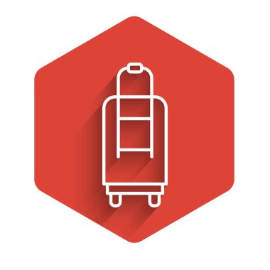 Seyahat simgesi için beyaz bavul uzun gölgeli izole edilmiş. Seyahat bagaj tabelası. Seyahat bagaj ikonu. Kırmızı altıgen düğmesi. Vektör İllüstrasyonu