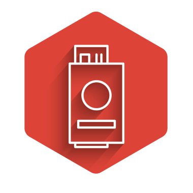 Bilet simgesi uzun gölgeli, beyaz çizgi pasaportlu. Kimlik Belgesi. Konsept seyahat ve turizm. Kırmızı altıgen düğmesi. Vektör İllüstrasyonu