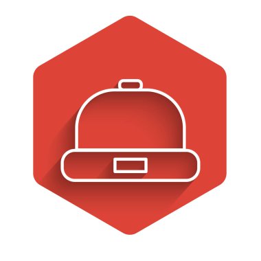 Uzun gölgeli beyaz çizgi Beanie şapka ikonu. Kırmızı altıgen düğmesi. Vektör İllüstrasyonu