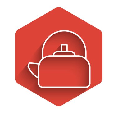 Uzun gölgeli beyaz çizgi Kettle. Çaydanlık ikonu. Kırmızı altıgen düğmesi. Vektör İllüstrasyonu