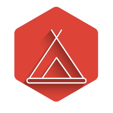 Uzun gölgeli beyaz çizgi turist çadırı simgesi. Kamp sembolü. Kırmızı altıgen düğmesi. Vektör İllüstrasyonu