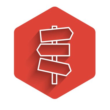 Beyaz çizgi trafik levhası. İşaret direği simgesi uzun gölgeyle izole edildi. İşaretçi sembolü. Sokak bilgi tabelası. Yön tabelası. Kırmızı altıgen düğmesi. Vektör İllüstrasyonu