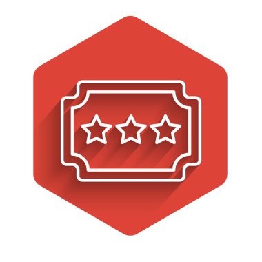 Beyaz çizgi bilet simgesi uzun gölgeli izole edildi. Eğlence parkı. Kırmızı altıgen düğmesi. Vektör İllüstrasyonu