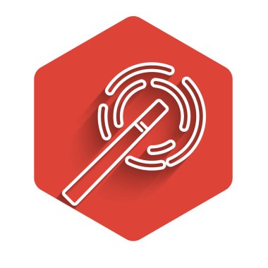 Beyaz çizgi sihirli çubuk ikonu uzun gölgeli izole edilmiş. Yıldız şeklinde sihirli aksesuar. Sihirli güç. Kırmızı altıgen düğmesi. Vektör İllüstrasyonu