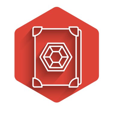 Beyaz çizgi üzerinde simya tarifleri, mistik büyüler ve uzun gölgeli büyü simgeleri olan Eskiler 'in sihirli kitabı. Kırmızı altıgen düğmesi. Vektör İllüstrasyonu