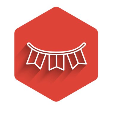 Beyaz çizgi karnaval çelengi uzun gölgeli bayrak ikonu ile izole edilmiş. Doğum günü kutlaması için parti flamaları, festival dekorasyonu. Kırmızı altıgen düğmesi. Vektör İllüstrasyonu