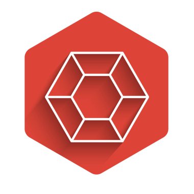 Beyaz çizgi sihirli taş ikonu uzun gölgeli izole edilmiş. Fantezi kristali. Maç için mücevher. Kırmızı altıgen düğmesi. Vektör İllüstrasyonu