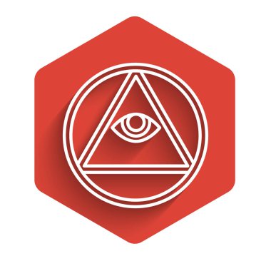 Beyaz çizgi Masonları, Tanrı 'nın her şeyi gören ikonunun uzun gölgesi ile izole edilmiş gözleridir. Üçgendeki Tanrı 'nın Gözü. Kırmızı altıgen düğmesi. Vektör İllüstrasyonu