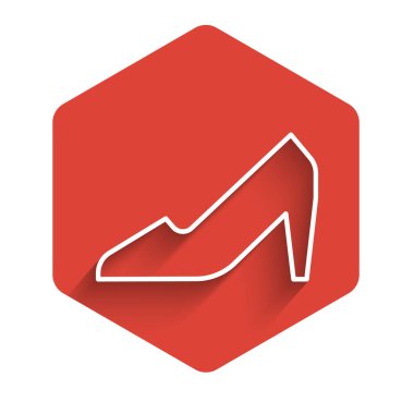 Uzun gölgeli yüksek topuklu beyaz çizgili kadın ayakkabısı. 8 Mart. Uluslararası Mutlu Kadınlar Günü. Kırmızı altıgen düğmesi. Vektör İllüstrasyonu