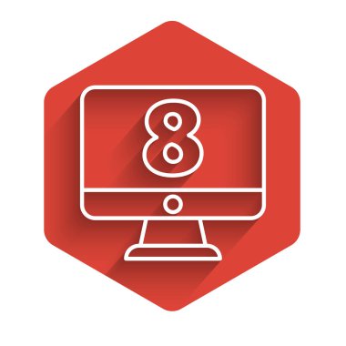 Beyaz çizgi 8 Mart 'ta uzun gölgeli monitör simgesinde izole edildi. Uluslararası Mutlu Kadınlar Günü. Kırmızı altıgen düğmesi. Vektör İllüstrasyonu