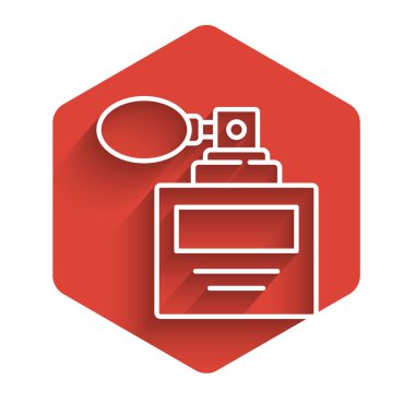 Uzun gölgeli beyaz çizgi parfüm ikonu. 8 Mart. Uluslararası Mutlu Kadınlar Günü. Kırmızı altıgen düğmesi. Vektör İllüstrasyonu