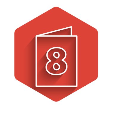 Üzerinde 8 Mart simgesi olan uzun gölgeli beyaz çizgi tebrik kartı. Uluslararası Mutlu Kadınlar Günü. Kırmızı altıgen düğmesi. Vektör İllüstrasyonu