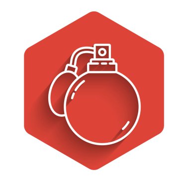 Uzun gölgeli beyaz çizgi parfüm ikonu. 8 Mart. Uluslararası Mutlu Kadınlar Günü. Kırmızı altıgen düğmesi. Vektör İllüstrasyonu