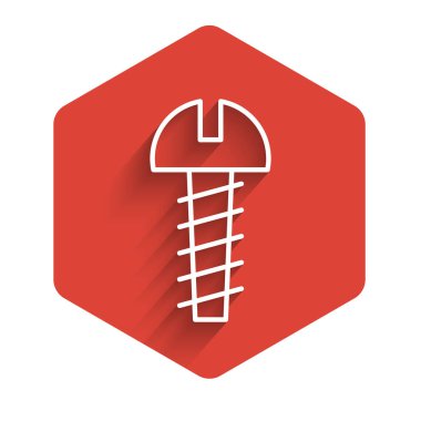 Uzun gölgeli beyaz çizgi metal vida ikonu. Kırmızı altıgen düğmesi. Vektör İllüstrasyonu