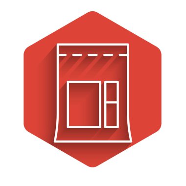 Beyaz çizgili çimento torbası ikonu uzun gölgeli. Kırmızı altıgen düğmesi. Vektör İllüstrasyonu