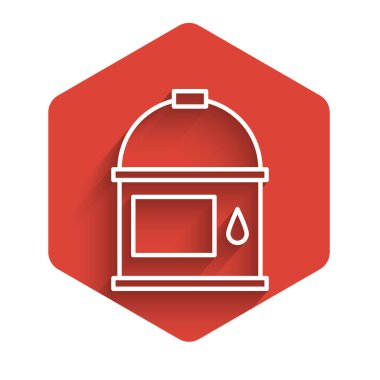 Beyaz çizgi boyası ikonu uzun gölgeli izole edilmiş. Kırmızı altıgen düğmesi. Vektör İllüstrasyonu