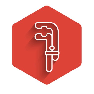 Beyaz çizgi klemp aracı simgesi uzun gölgede izole edildi. Çilingir aleti. Kırmızı altıgen düğmesi. Vektör İllüstrasyonu