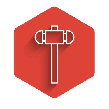 Beyaz çizgili Balyoz ikonu uzun gölgeli izole edilmiş. Kırmızı altıgen düğmesi. Vektör İllüstrasyonu