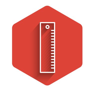 Beyaz çizgi cetvel simgesi uzun gölgeli izole edilmiş. Düz sembol. Kırmızı altıgen düğmesi. Vektör İllüstrasyonu