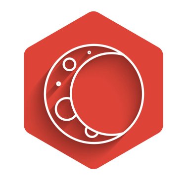 Beyaz çizgi Ay simgesi uzun gölgeli izole edilmiş. Kırmızı altıgen düğmesi. Vektör İllüstrasyonu