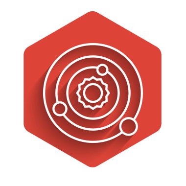 Beyaz çizgi güneş sistemi simgesi uzun gölgeli izole edilmiş. Gezegenler yıldızın etrafında dönerler. Kırmızı altıgen düğmesi. Vektör İllüstrasyonu