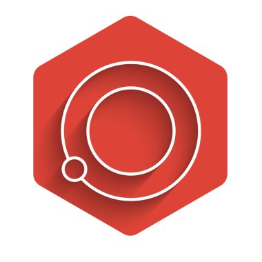 Dünya 'nın yörüngesinde uzun gölgeli beyaz çizgi yapay uyduları var. İletişim, navigasyon konsepti. Kırmızı altıgen düğmesi. Vektör İllüstrasyonu