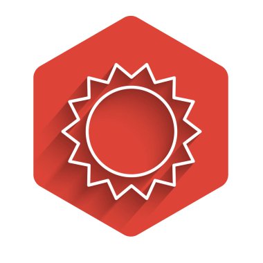 Beyaz çizgi güneş ikonu uzun gölgeli izole edilmiş. Yaz sembolü. Güneşli bir gün. Kırmızı altıgen düğmesi. Vektör İllüstrasyonu