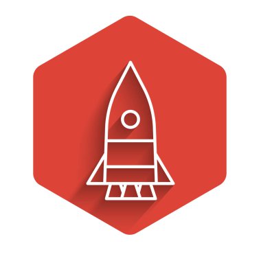 Beyaz çizgi roket gemi ikonu uzun gölgeli izole edildi. Uzay yolculuğu. Kırmızı altıgen düğmesi. Vektör İllüstrasyonu