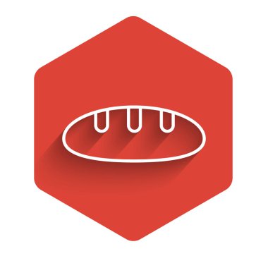 Beyaz çizgi ekmek simgesi uzun gölgeli izole edilmiş. Kırmızı altıgen düğmesi. Vektör İllüstrasyonu