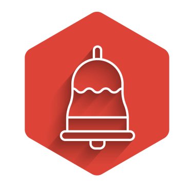 Beyaz çizgi zil ikonu uzun gölgeyle izole edildi. Alarm sembolü, servis zili, el zili işareti, uyarı sembolü. Kırmızı altıgen düğmesi. Vektör İllüstrasyonu