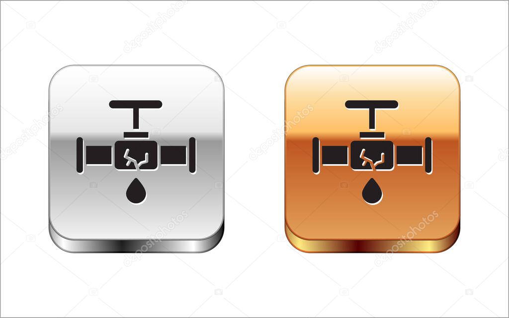 Black Broken metal pipe with leaking water icon isolated on white background. Silver-gold square button. Vector Illustration