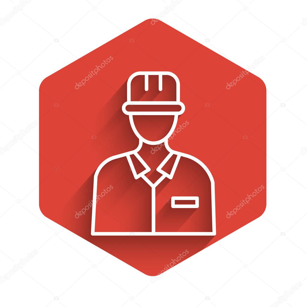 White line Oilman icon isolated with long shadow. Red hexagon button. Vector Illustration