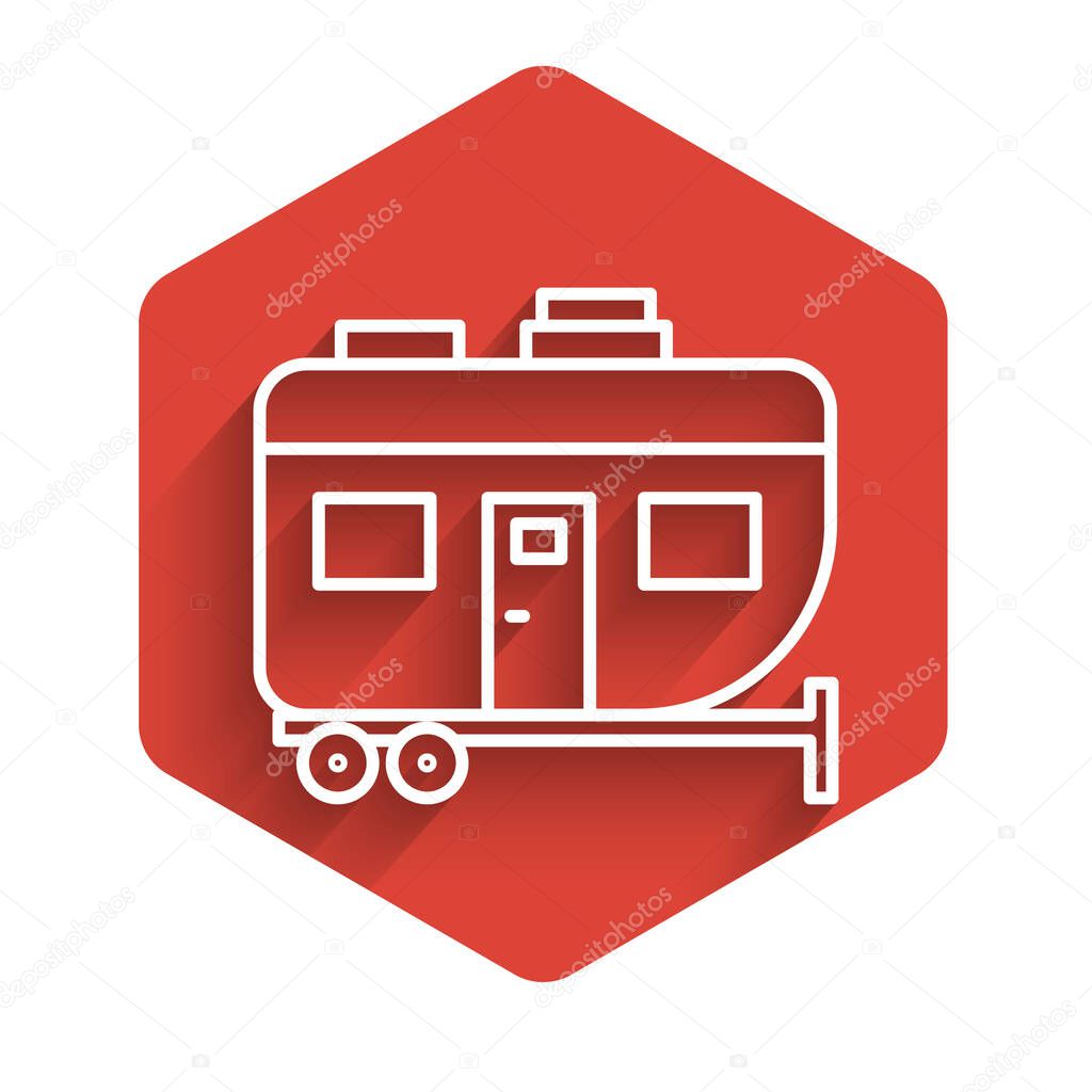 White line Rv Camping trailer icon isolated with long shadow. Travel mobile home, caravan, home camper for travel. Red hexagon button. Vector Illustration