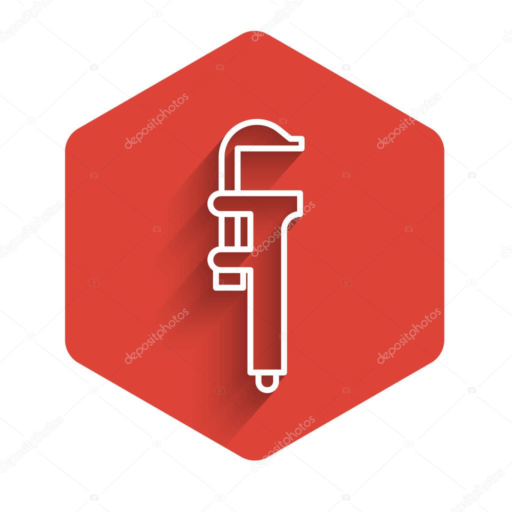 White line Calliper or caliper and scale icon isolated with long shadow. Precision measuring tools. Red hexagon button. Vector Illustration