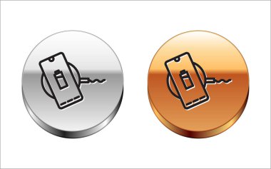 Beyaz arkaplanda izole edilmiş kablosuz şarj ikonuna yüklenen siyah çizgi akıllı telefonu. Şarj pedi şarj ediliyor. Gümüş-altın halka düğmesi. Vektör İllüstrasyonu