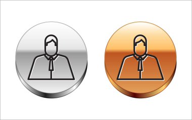 Siyah çizgi avukatı, avukat, hukukçu ikonu beyaz arka planda izole edilmiş. Adalet, hukuk ya da saray ikonu. Gümüş-altın halka düğmesi. Vektör İllüstrasyonu