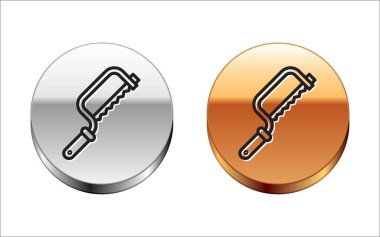 Siyah Hacksaw simgesi beyaz arkaplanda izole edildi. Tahta ve metal testeresi. Gümüş-altın halka düğmesi. Vektör İllüstrasyonu