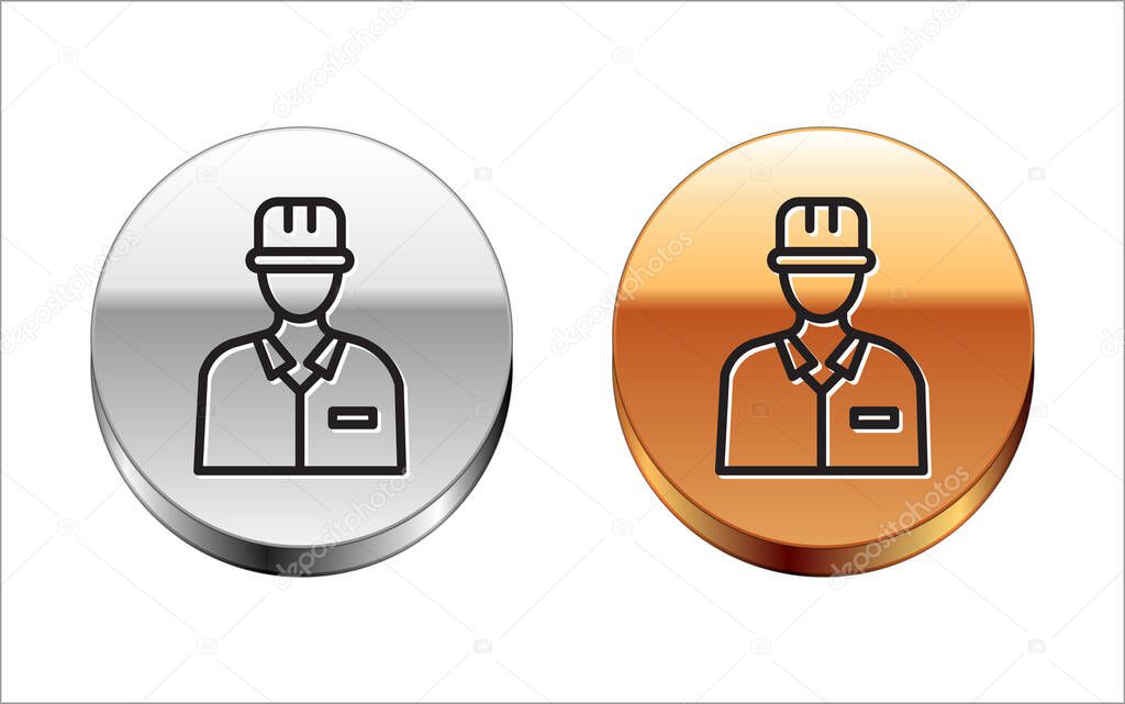 Black line Oilman icon isolated on white background. Silver-gold circle button. Vector Illustration