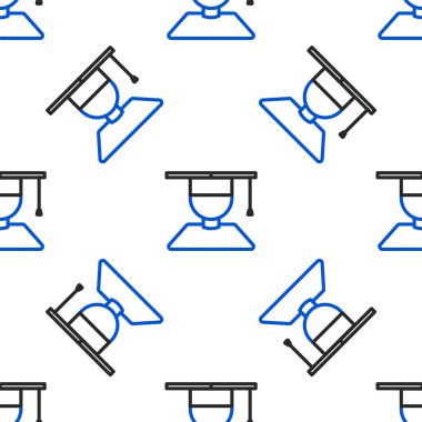 Sınıf mezunu ve mezuniyet şapkası simgesi beyaz arka planda izole edilmiş kusursuz desen. Renkli taslak konsepti. Vektör