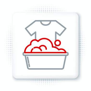 Beyaz zemin üzerinde sabun köpüğü simgesi olan çizgi plastik leğen. Sulu kase. Çamaşır yıkama, temizlik malzemeleri. Renkli taslak konsepti. Vektör