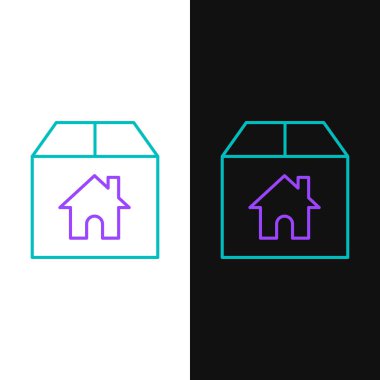 Beyaz ve siyah arkaplanda ev sembolü simgesi olan çizgi karton kutu. Kutu, paket, paket işareti. Teslimat, ulaşım ve nakliye. Renkli taslak konsepti. Vektör