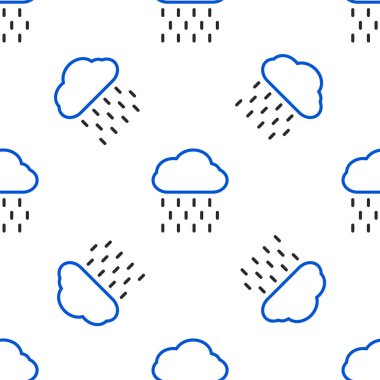 Yağmur ikonuna sahip çizgi bulutu beyaz arka planda izole edilmiş pürüzsüz desen. Yağmur damlaları ile yağmur bulutu yağışı. Renkli taslak konsepti. Vektör