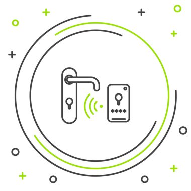 Beyaz arkaplanda izole edilmiş ikonu açmak için kablosuz teknolojiye sahip çizgi dijital kapı kilidi. Kapı kolu tabelası. Güvenlik akıllı ev. Renkli taslak konsepti. Vektör