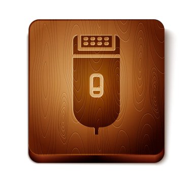 Kahverengi Elektrikli saç makası veya tıraş makinesi simgesi beyaz arka plan üzerinde izole. Berber dükkanı sembolü. Ahşap kare düğme. Vektör İllüstrasyonu