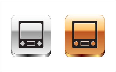 Siyah Elektronik ölçek simgesi beyaz arkaplanda izole edildi. Ağırlık ölçüm aletleri. Gümüş-altın kare düğme. Vektör